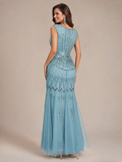 Tüll mit V-Ausschnitt, Meerjungfrau, Ärmellos und abendkleid #Farbe_Himmelblau