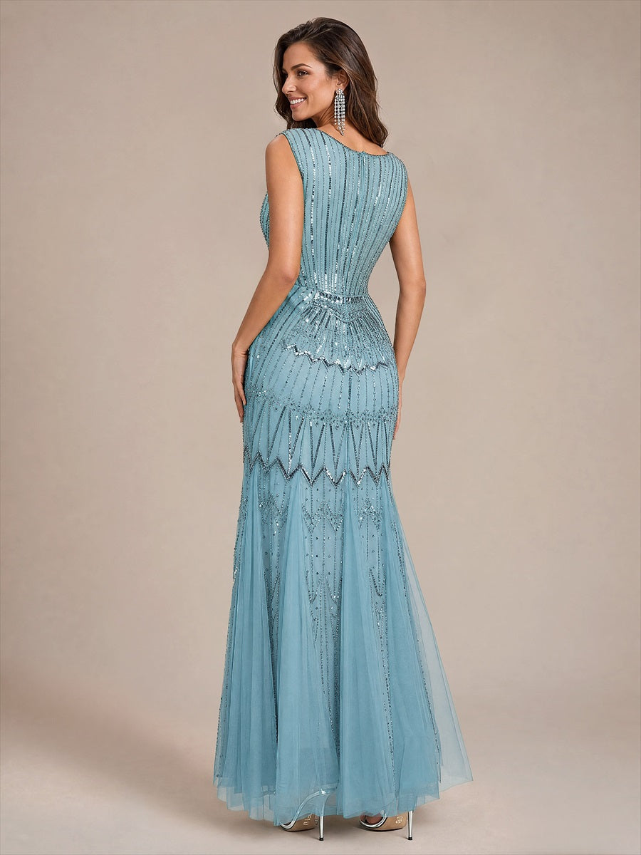 Tüll mit V-Ausschnitt, Meerjungfrau, Ärmellos und abendkleid #Farbe_Himmelblau