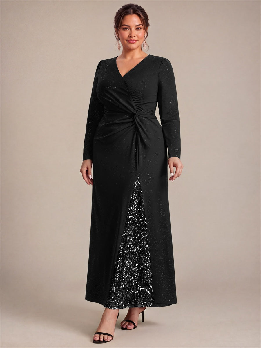 Maxilänge V-Ausschnitt Figurbetontes Kleid Aus Mesh Pailletten Zum Binden #Farbe_Schwarz