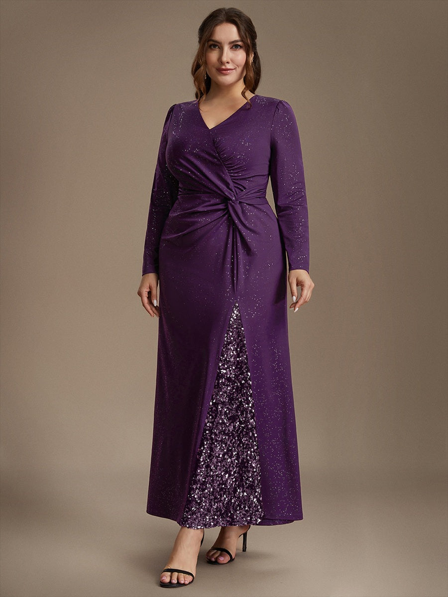 Maxilänge V-Ausschnitt Figurbetontes Kleid Aus Mesh Pailletten Zum Binden #Farbe_Dunkelviolett