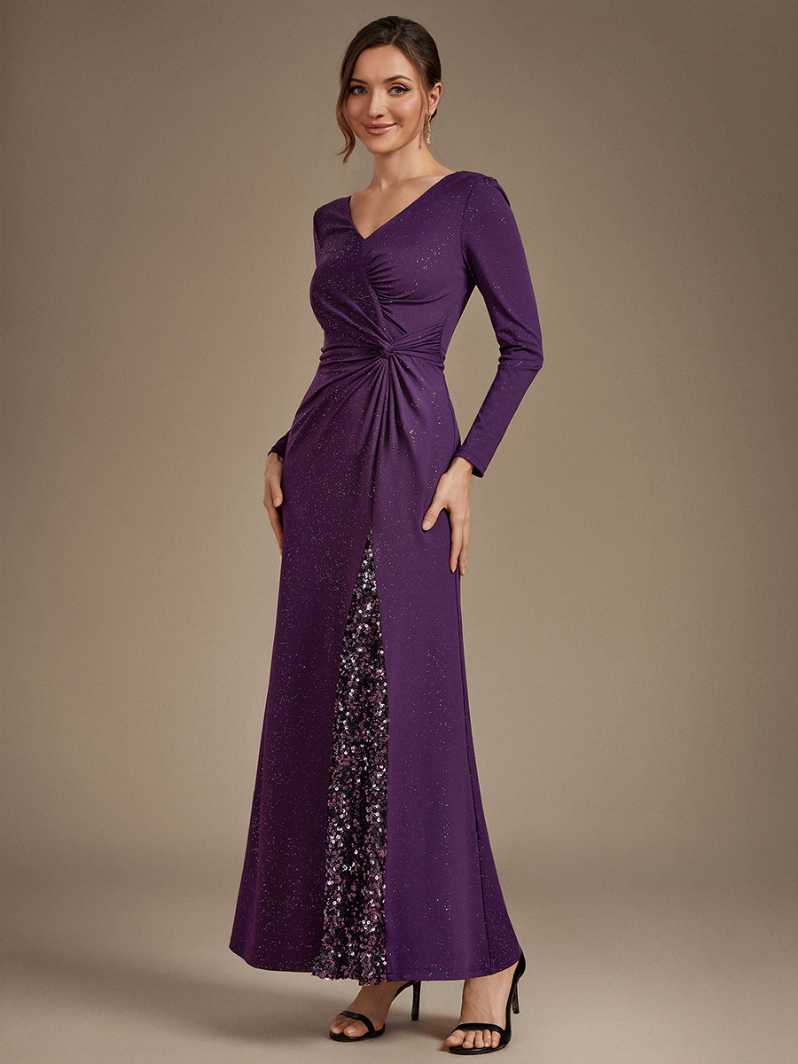 Maxilänge V-Ausschnitt Figurbetontes Kleid Aus Mesh Pailletten Zum Binden #Farbe_Dunkelviolett