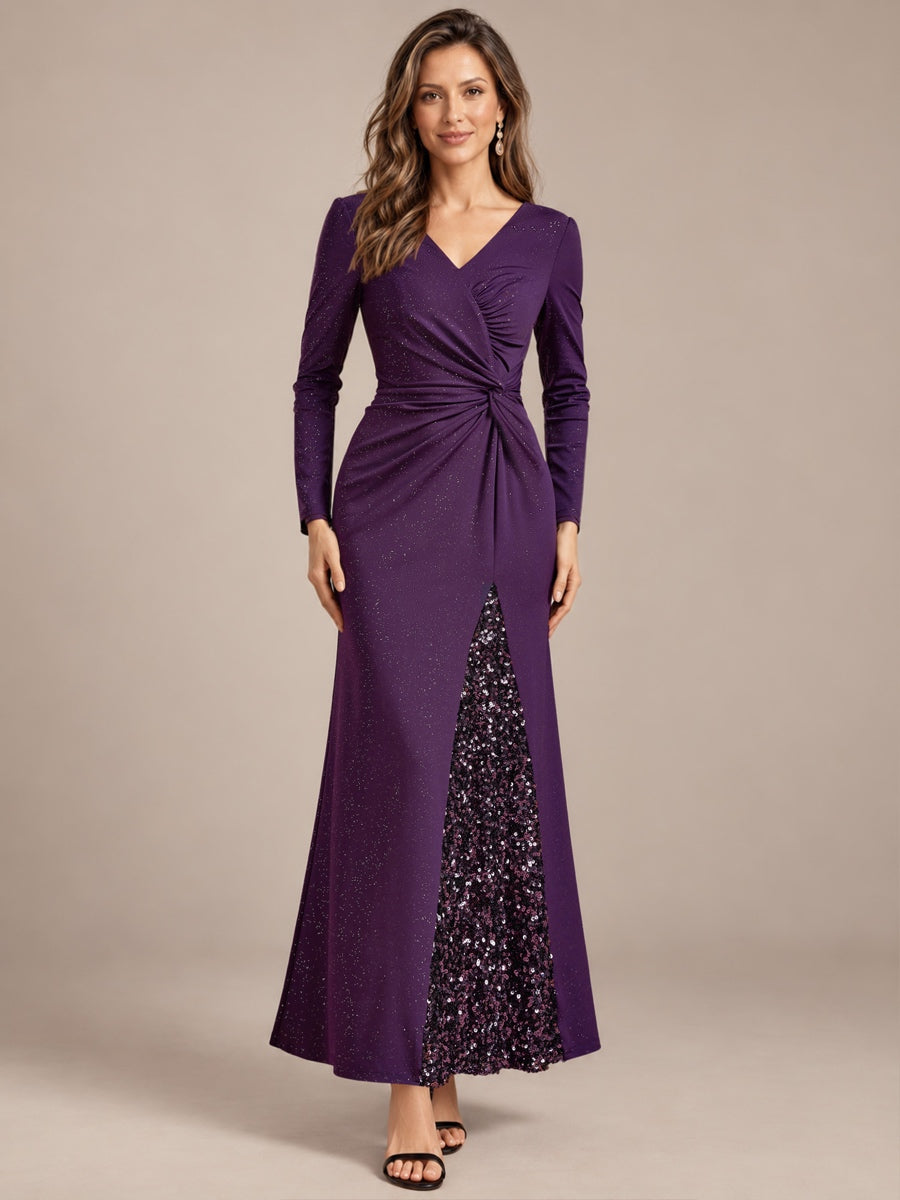 Maxilänge V-Ausschnitt Figurbetontes Kleid Aus Mesh Pailletten Zum Binden #Farbe_Dunkelviolett