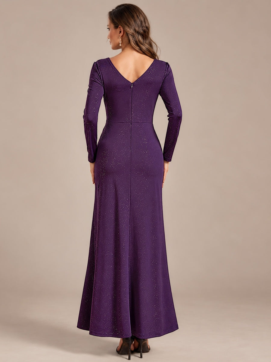 Maxilänge V-Ausschnitt Figurbetontes Kleid Aus Mesh Pailletten Zum Binden #Farbe_Dunkelviolett