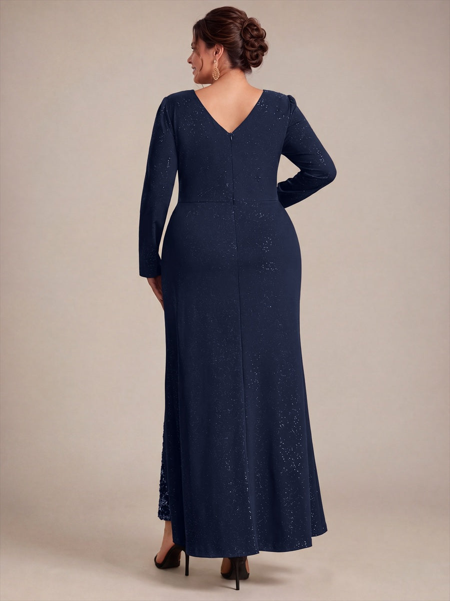 Maxilänge V-Ausschnitt Figurbetontes Kleid Aus Mesh Pailletten Zum Binden #Farbe_Marineblau