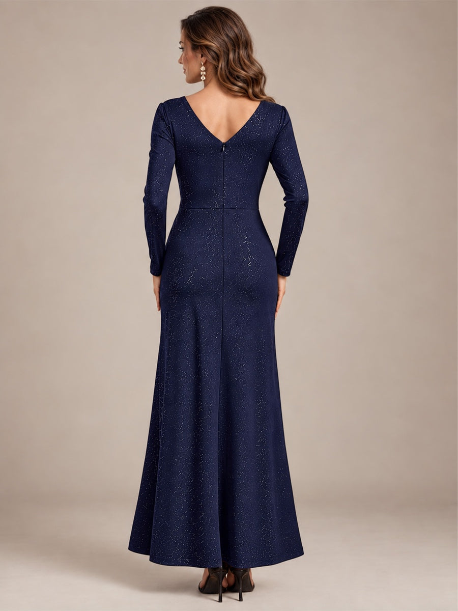 Maxilänge V-Ausschnitt Figurbetontes Kleid Aus Mesh Pailletten Zum Binden #Farbe_Marineblau