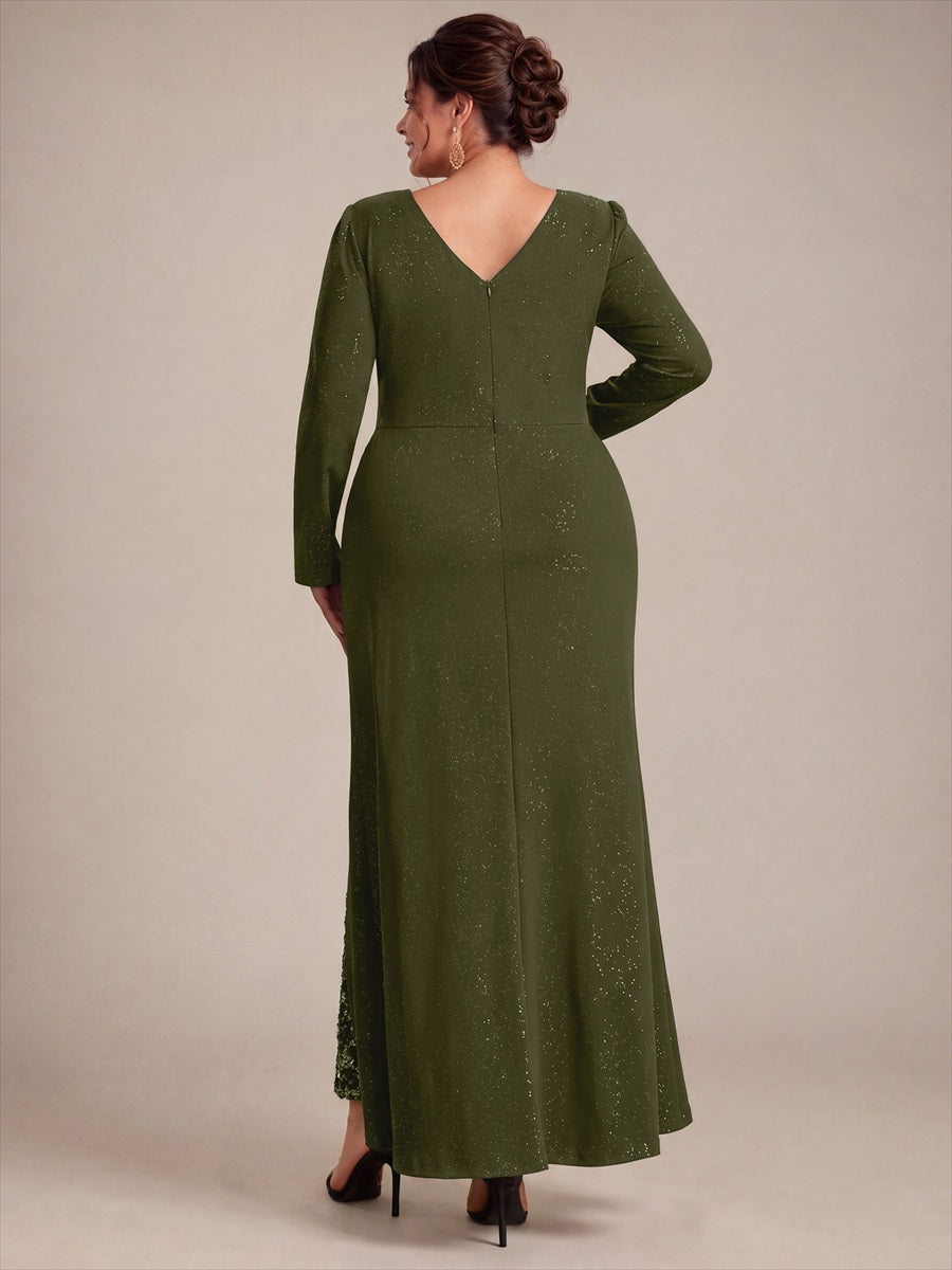 Maxilänge V-Ausschnitt Figurbetontes Kleid Aus Mesh Pailletten Zum Binden #Farbe_Olivgrün