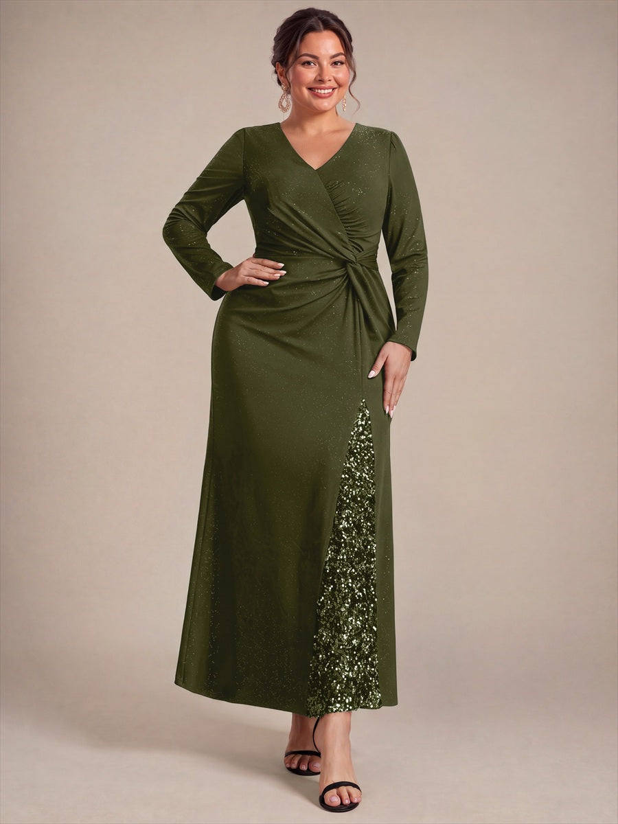 Maxilänge V-Ausschnitt Figurbetontes Kleid Aus Mesh Pailletten Zum Binden #Farbe_Olivgrün