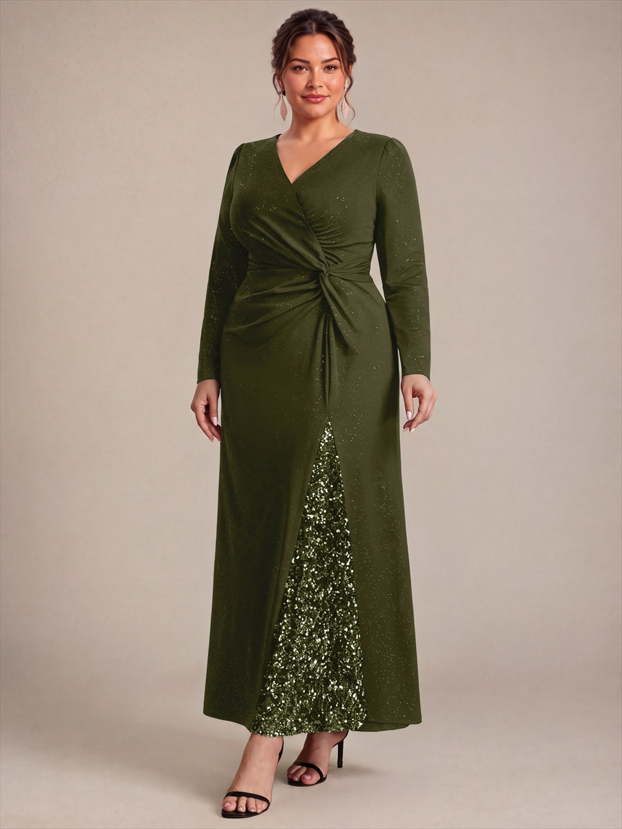 Maxilänge V-Ausschnitt Figurbetontes Kleid Aus Mesh Pailletten Zum Binden #Farbe_Olivgrün