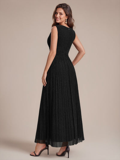 Bodenlanges A-Linien Kleid V-Ausschnitt Tüll Elegantes Design Besondere Anlässe #Farbe_Schwarz