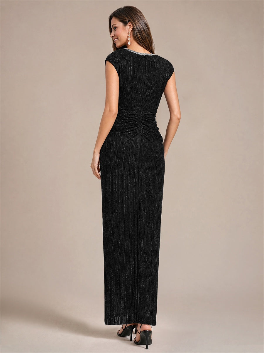 Bodenlanges V-Ausschnitt Figurbetontes Kleid Aus Tüll Elegantes Design Für Besondere Anlässe #Farbe_Schwarz