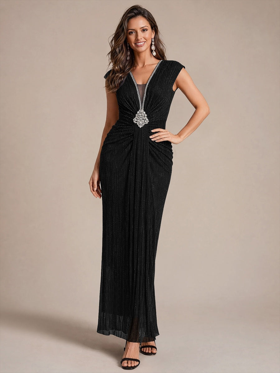 Bodenlanges V-Ausschnitt Figurbetontes Kleid Aus Tüll Elegantes Design Für Besondere Anlässe #Farbe_Schwarz