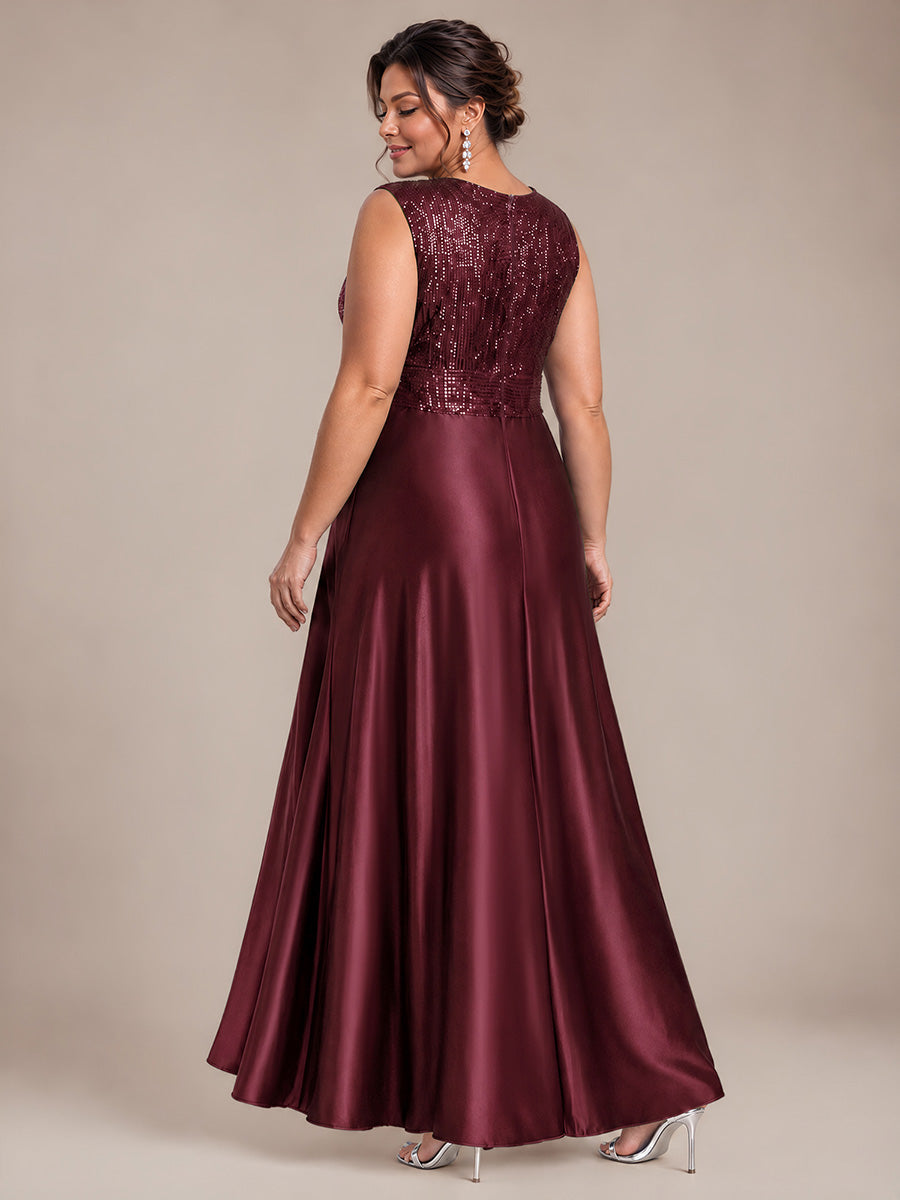 Maxilänge V-Ausschnitt A-Linien Kleid Aus Satin Mit Pailletten Für Glamourösen Look #Farbe_Burgunderrot