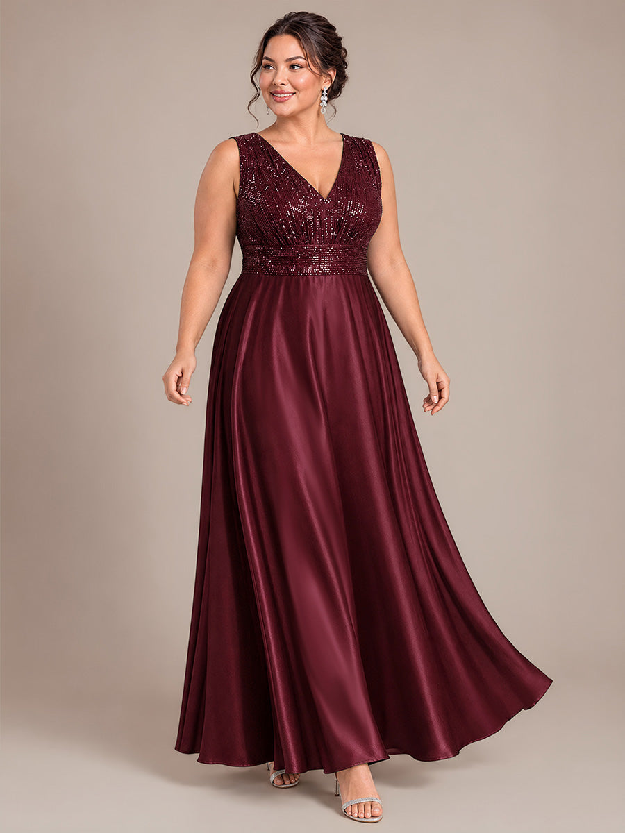 Maxilänge V-Ausschnitt A-Linien Kleid Aus Satin Mit Pailletten Für Glamourösen Look #Farbe_Burgunderrot