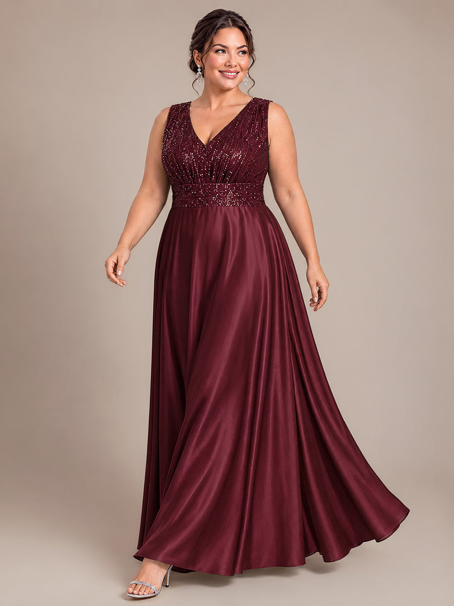 Maxilänge V-Ausschnitt A-Linien Kleid Aus Satin Mit Pailletten Für Glamourösen Look #Farbe_Burgunderrot