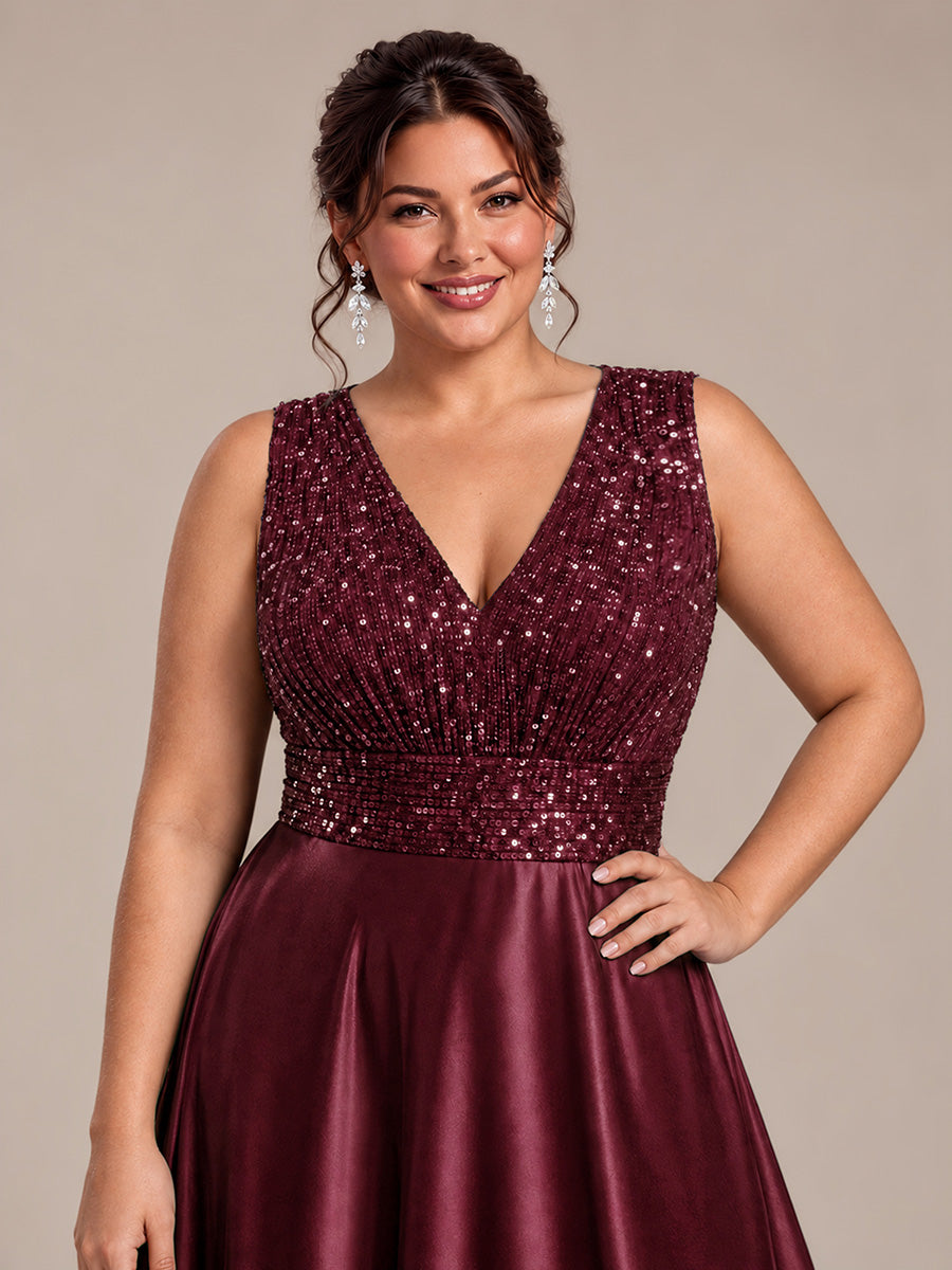 Maxilänge V-Ausschnitt A-Linien Kleid Aus Satin Mit Pailletten Für Glamourösen Look #Farbe_Burgunderrot