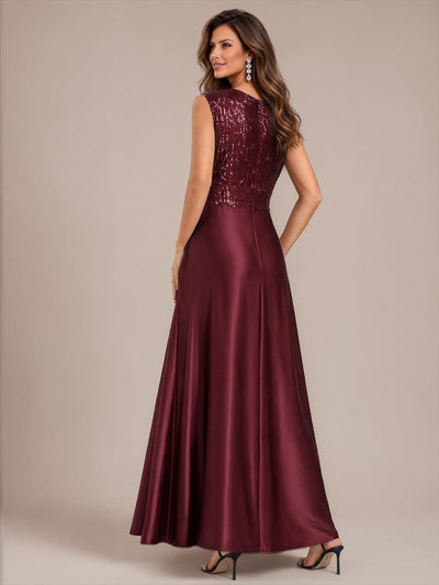 Maxilänge V-Ausschnitt A-Linien Kleid Aus Satin Mit Pailletten Für Glamourösen Look #Farbe_Burgunderrot