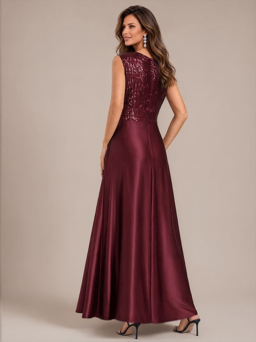 Maxilänge V-Ausschnitt A-Linien Kleid Aus Satin Mit Pailletten Für Glamourösen Look #Farbe_Burgunderrot