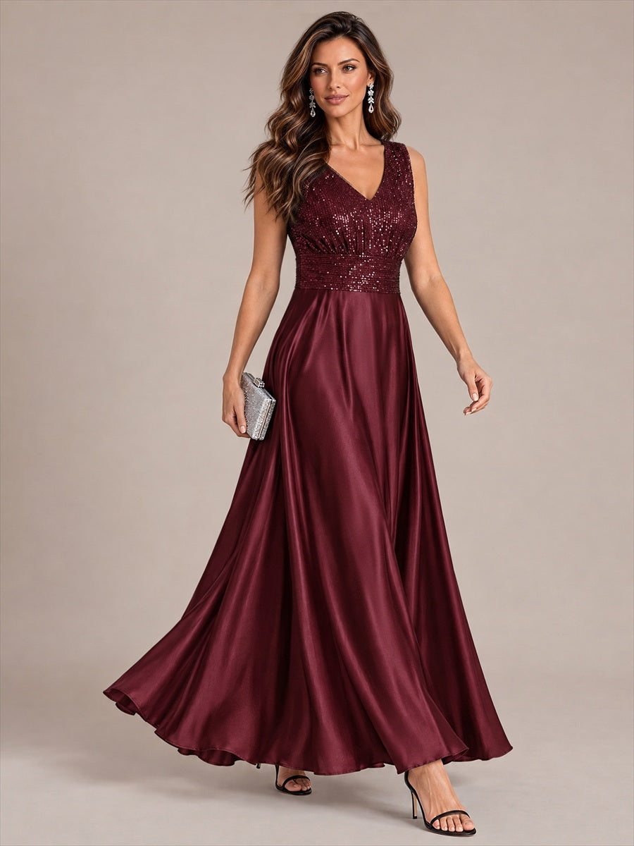 Maxilänge V-Ausschnitt A-Linien Kleid Aus Satin Mit Pailletten Für Glamourösen Look #Farbe_Burgunderrot
