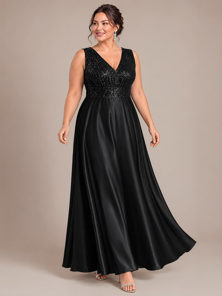 Maxilänge V-Ausschnitt A-Linien Kleid Aus Satin Mit Pailletten Für Glamourösen Look #Farbe_Schwarz