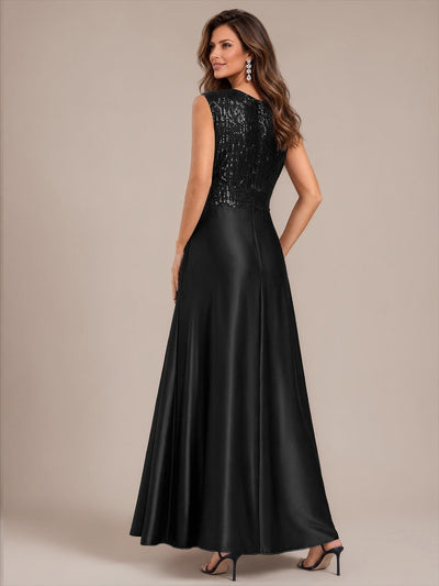 Maxilänge V-Ausschnitt A-Linien Kleid Aus Satin Mit Pailletten Für Glamourösen Look #Farbe_Schwarz