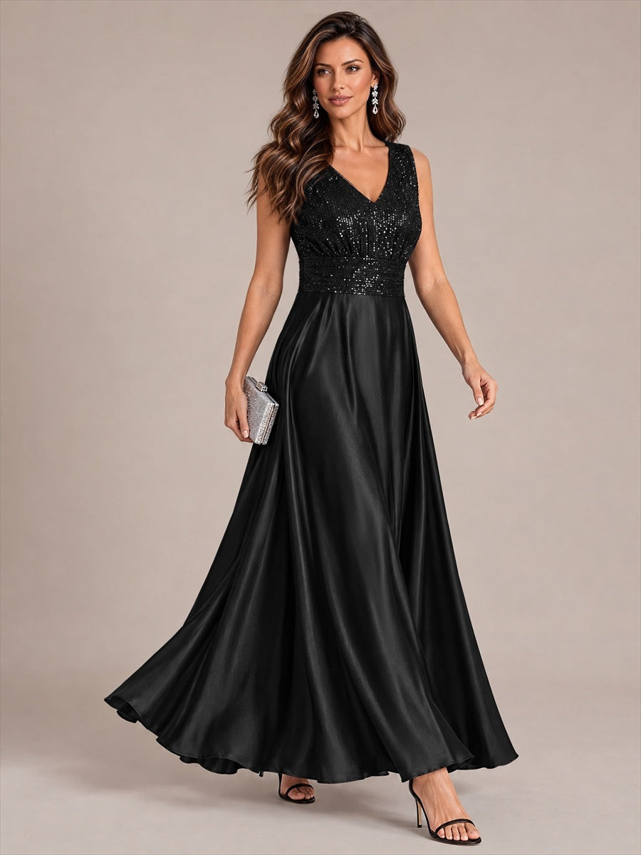 Maxilänge V-Ausschnitt A-Linien Kleid Aus Satin Mit Pailletten Für Glamourösen Look #Farbe_Schwarz