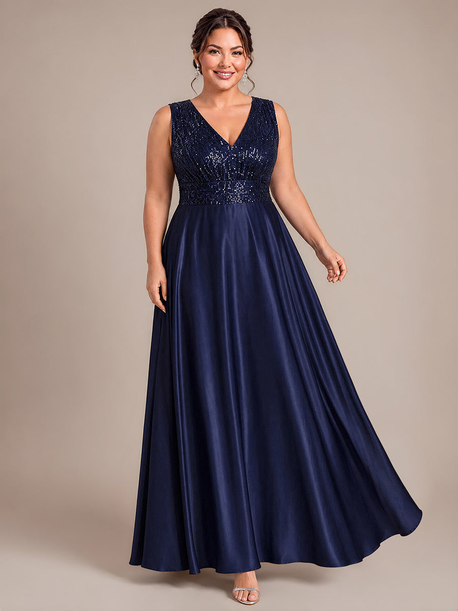 Maxilänge V-Ausschnitt A-Linien Kleid Aus Satin Mit Pailletten Für Glamourösen Look #Farbe_Marineblau