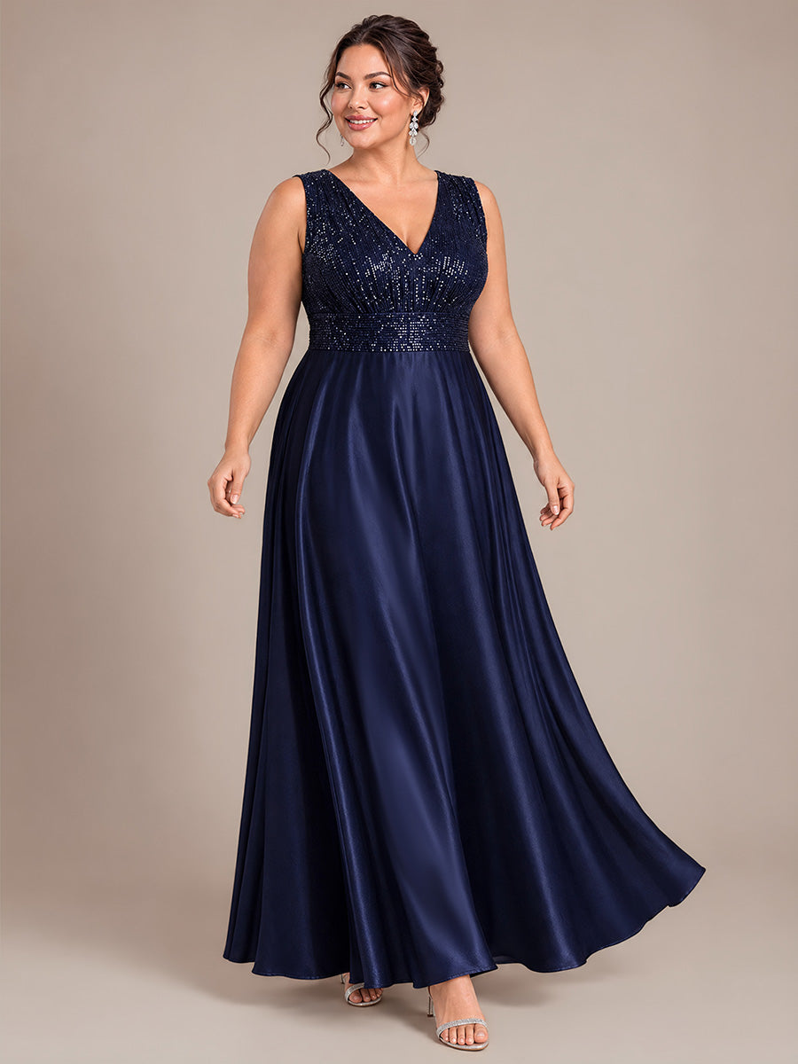 Maxilänge V-Ausschnitt A-Linien Kleid Aus Satin Mit Pailletten Für Glamourösen Look #Farbe_Marineblau