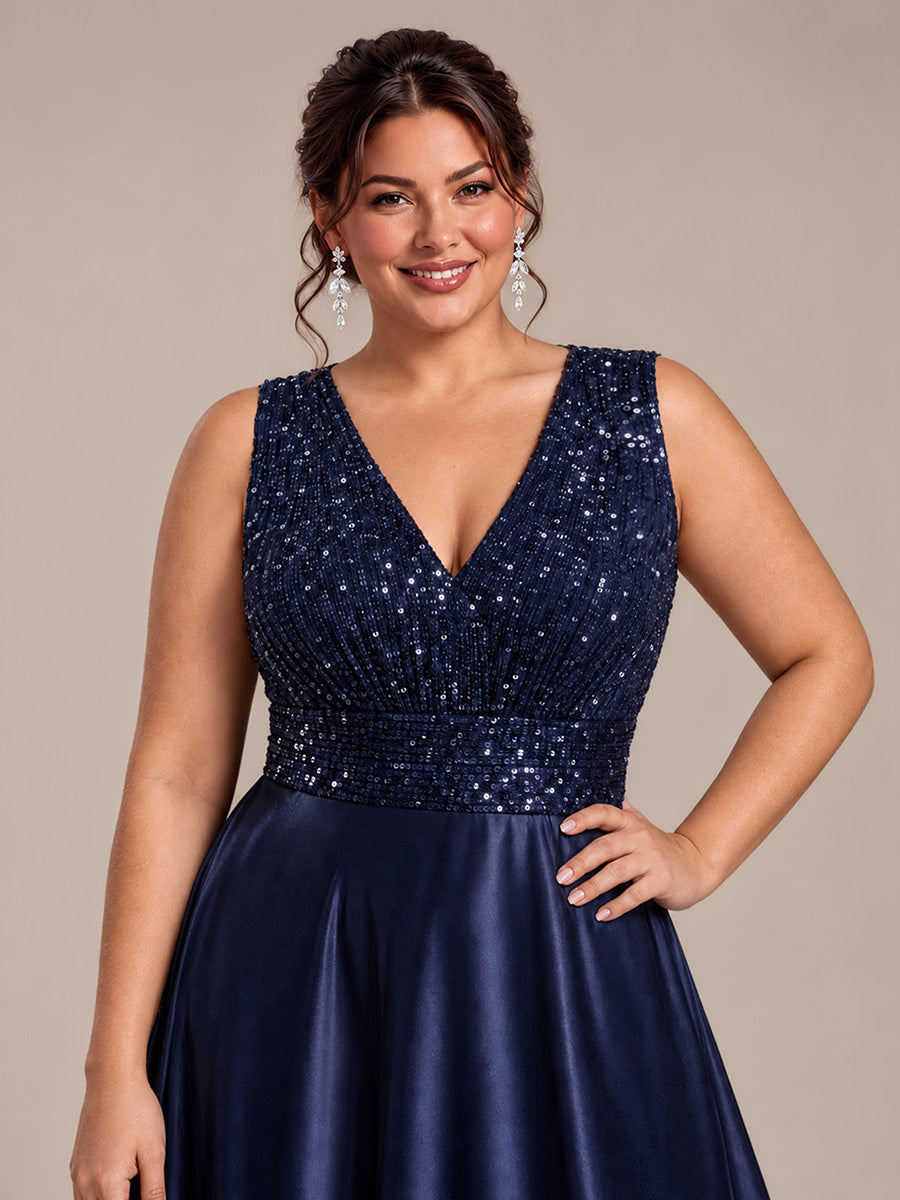 Maxilänge V-Ausschnitt A-Linien Kleid Aus Satin Mit Pailletten Für Glamourösen Look #Farbe_Marineblau