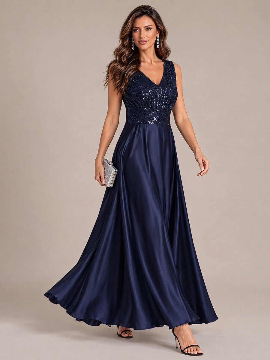 Maxilänge V-Ausschnitt A-Linien Kleid Aus Satin Mit Pailletten Für Glamourösen Look #Farbe_Marineblau
