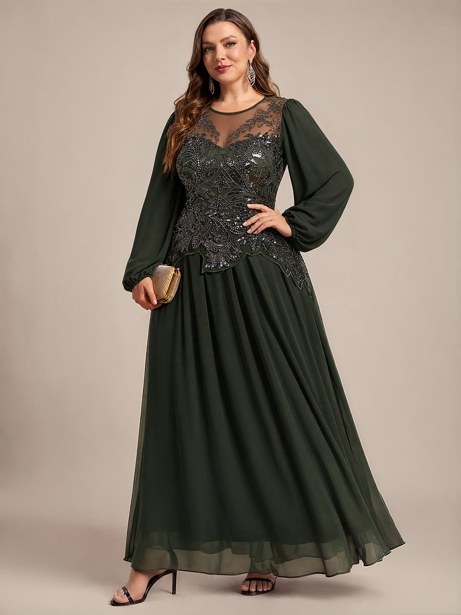 Maxilänge A-Linien Kleid Runder Ausschnitt Tüll Perlenbesetzt Pailletten Transparent Kleid #Farbe_Olivgrün