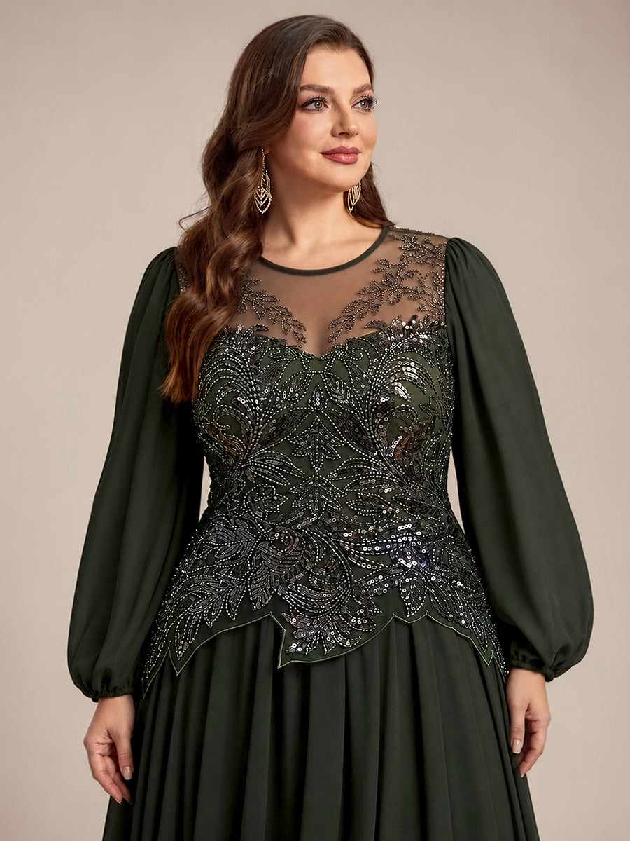 Maxilänge A-Linien Kleid Runder Ausschnitt Tüll Perlenbesetzt Pailletten Transparent Kleid #Farbe_Olivgrün