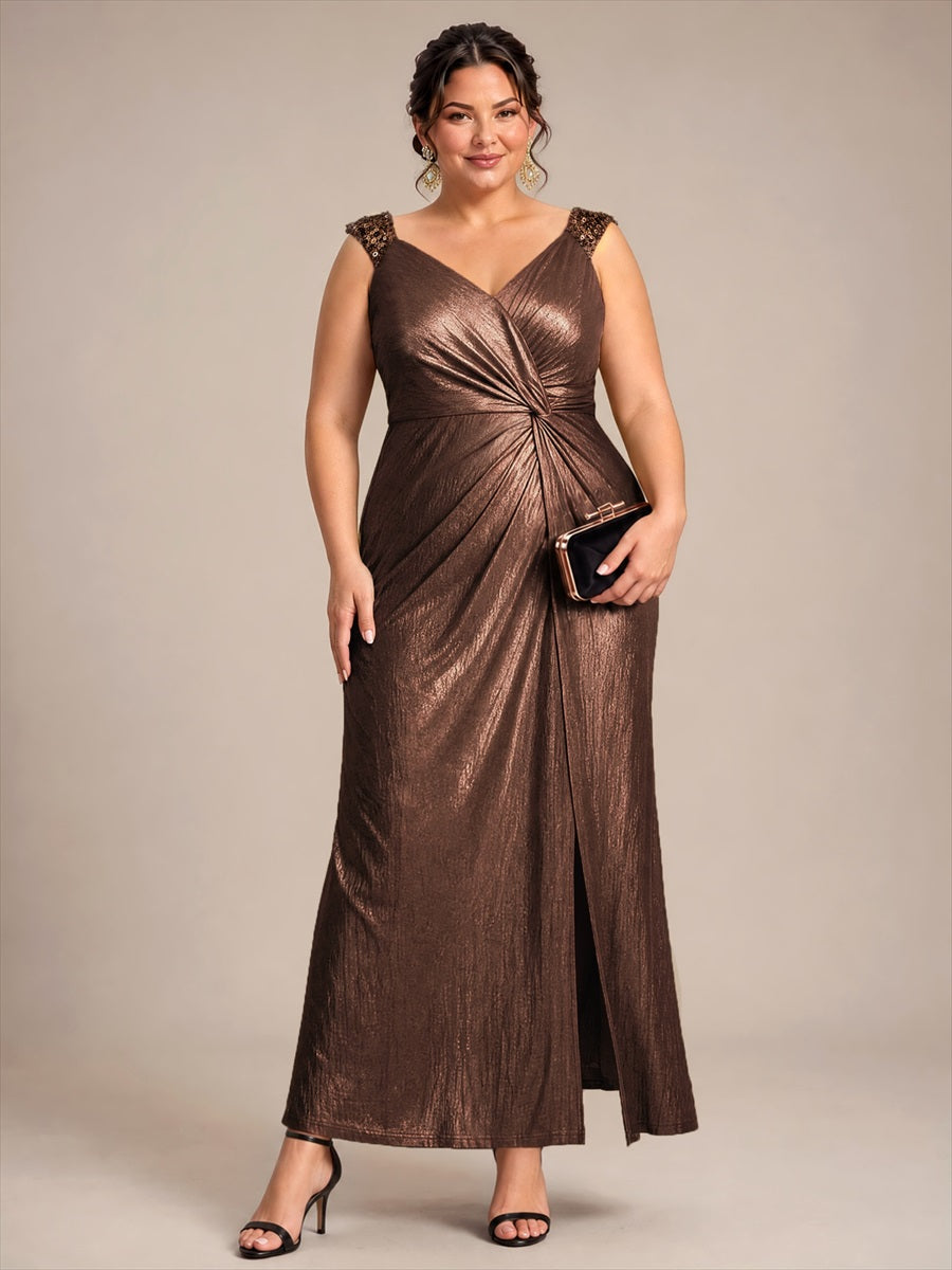 Maxilänge V-Ausschnitt Figurbetontes Kleid Aus Mesh Elegantes Design Für Besondere Anlässe #Farbe_Schokoladenbraun