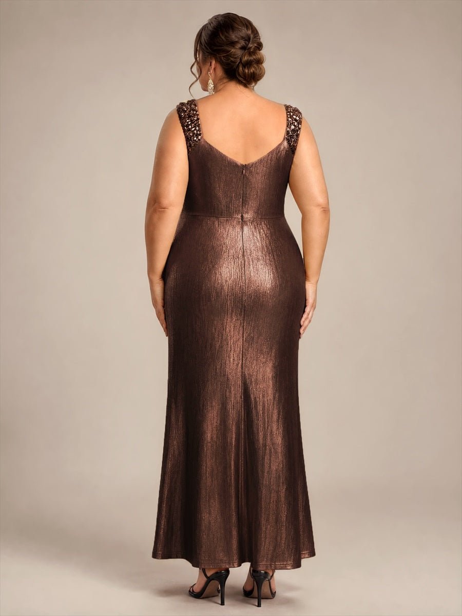 Maxilänge V-Ausschnitt Figurbetontes Kleid Aus Mesh Elegantes Design Für Besondere Anlässe #Farbe_Schokoladenbraun