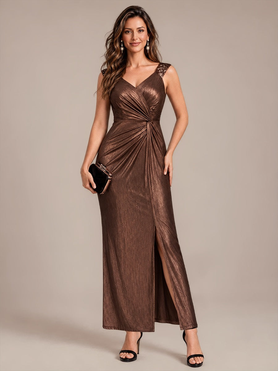 Maxilänge V-Ausschnitt Figurbetontes Kleid Aus Mesh Elegantes Design Für Besondere Anlässe #Farbe_Schokoladenbraun