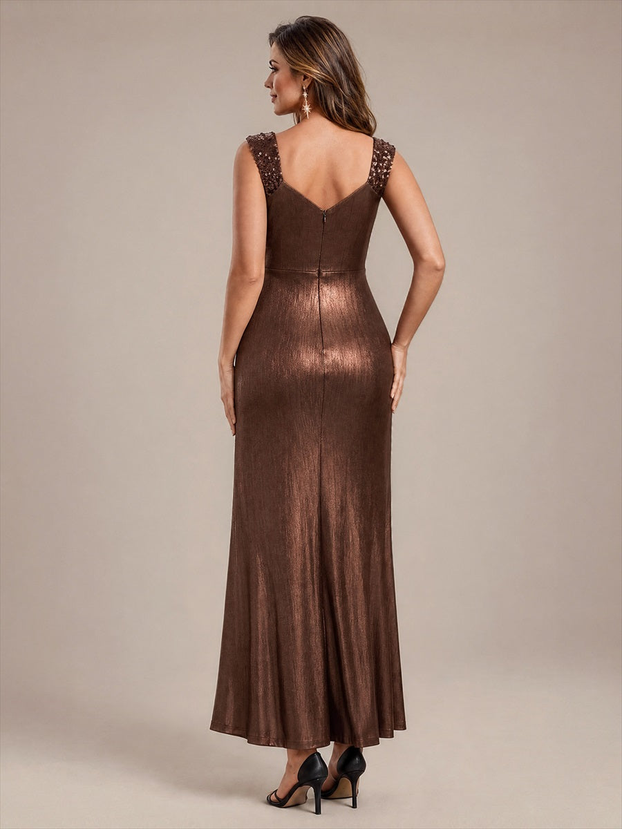 Maxilänge V-Ausschnitt Figurbetontes Kleid Aus Mesh Elegantes Design Für Besondere Anlässe #Farbe_Schokoladenbraun