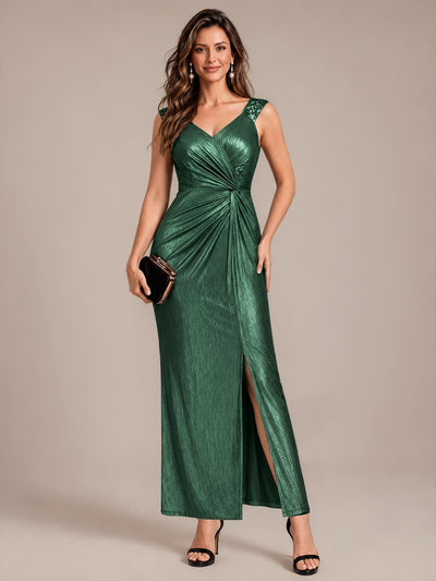 Maxilänge V-Ausschnitt Figurbetontes Kleid Aus Mesh Elegantes Design Für Besondere Anlässe #Farbe_Dunkelgrün