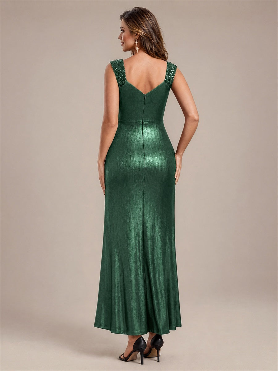 Maxilänge V-Ausschnitt Figurbetontes Kleid Aus Mesh Elegantes Design Für Besondere Anlässe #Farbe_Dunkelgrün