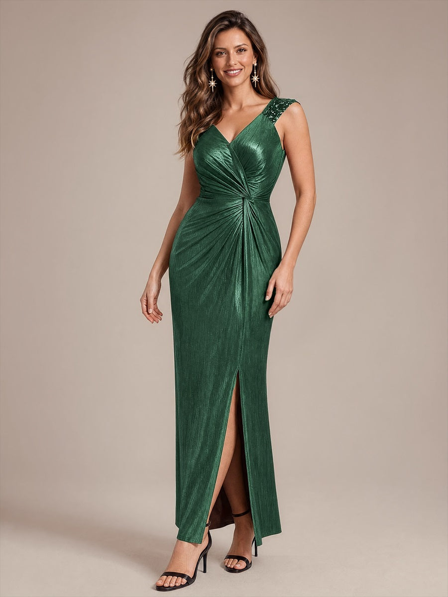 Maxilänge V-Ausschnitt Figurbetontes Kleid Aus Mesh Elegantes Design Für Besondere Anlässe #Farbe_Dunkelgrün