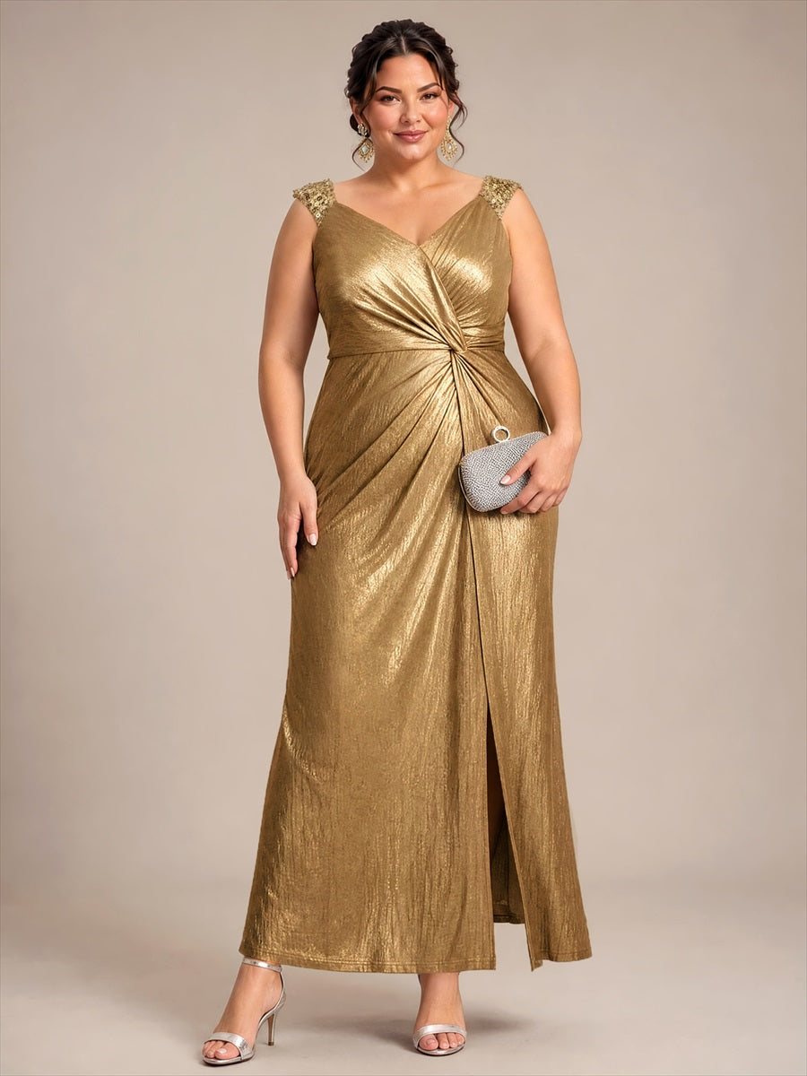 Maxilänge V-Ausschnitt Figurbetontes Kleid Aus Mesh Elegantes Design Für Besondere Anlässe #Farbe_Gold