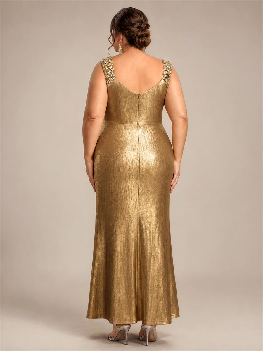 Maxilänge V-Ausschnitt Figurbetontes Kleid Aus Mesh Elegantes Design Für Besondere Anlässe #Farbe_Gold