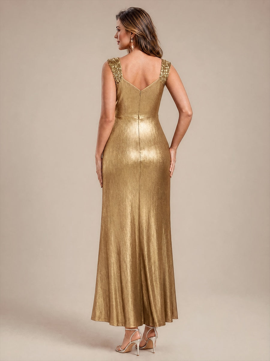 Maxilänge V-Ausschnitt Figurbetontes Kleid Aus Mesh Elegantes Design Für Besondere Anlässe #Farbe_Gold