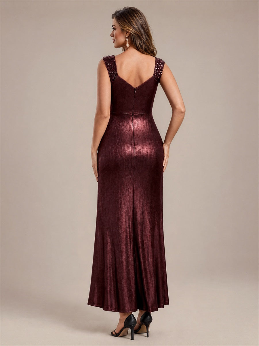 Maxilänge V-Ausschnitt Figurbetontes Kleid Aus Mesh Elegantes Design Für Besondere Anlässe #Farbe_Mahagonibraun