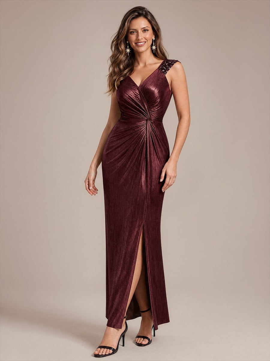 Maxilänge V-Ausschnitt Figurbetontes Kleid Aus Mesh Elegantes Design Für Besondere Anlässe #Farbe_Mahagonibraun