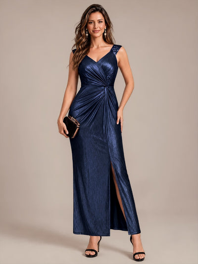 Maxilänge V-Ausschnitt Figurbetontes Kleid Aus Mesh Elegantes Design Für Besondere Anlässe #Farbe_Marineblau