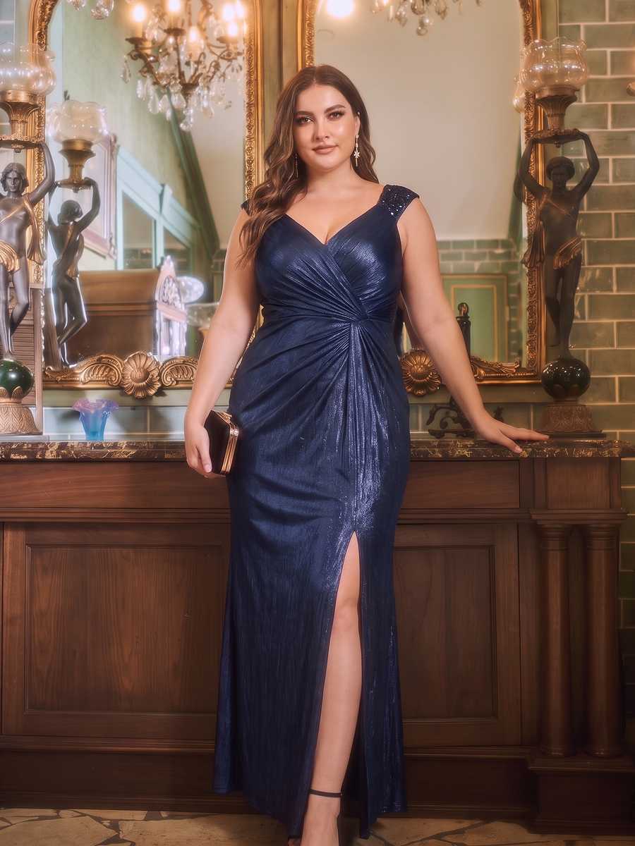 Maxilänge V-Ausschnitt Figurbetontes Kleid Aus Mesh Elegantes Design Für Besondere Anlässe #Farbe_Marineblau