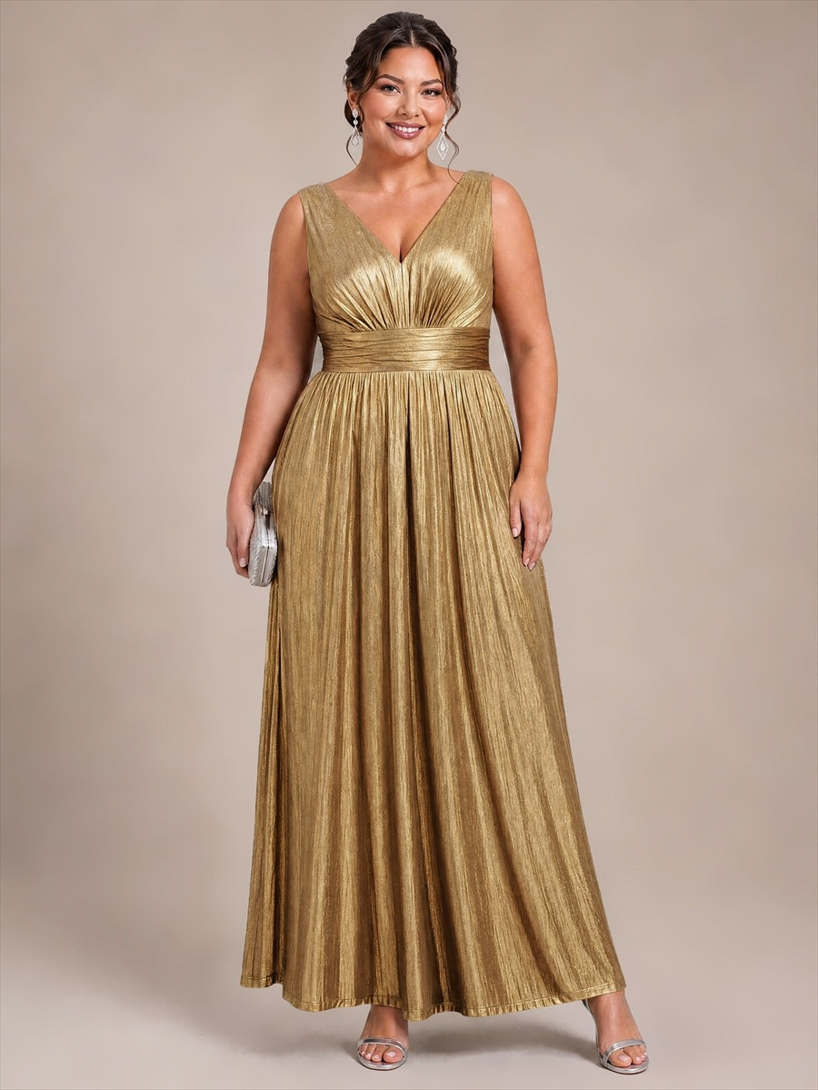 Maxilänge V-Ausschnitt Weiter Rock Aus Mesh Elegantes Abendkleid Mit Atemberaubendem Design #Farbe_Gold