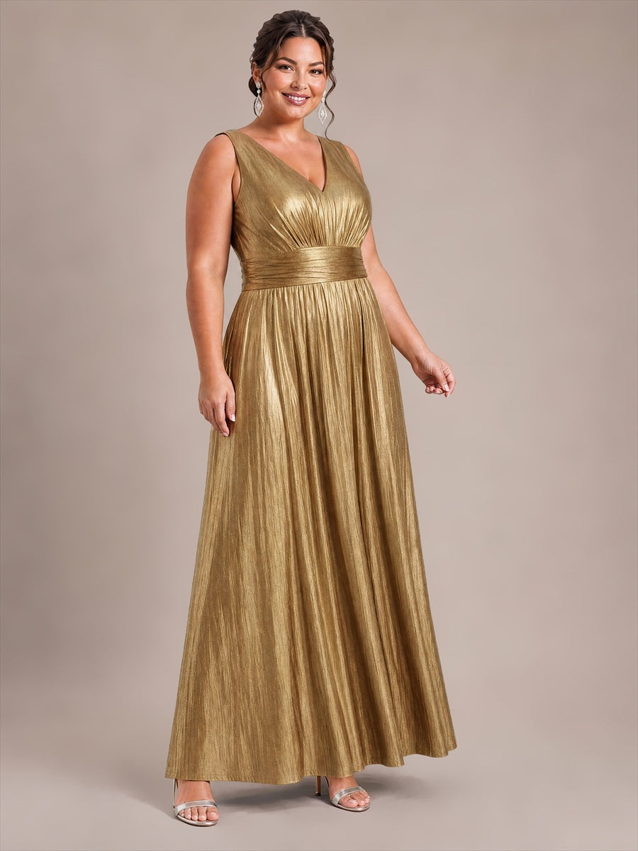 Maxilänge V-Ausschnitt Weiter Rock Aus Mesh Elegantes Abendkleid Mit Atemberaubendem Design #Farbe_Gold