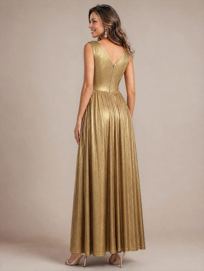 Maxilänge V-Ausschnitt Weiter Rock Aus Mesh Elegantes Abendkleid Mit Atemberaubendem Design #Farbe_Gold