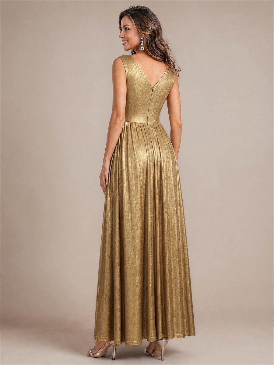 Maxilänge V-Ausschnitt Weiter Rock Aus Mesh Elegantes Abendkleid Mit Atemberaubendem Design #Farbe_Gold
