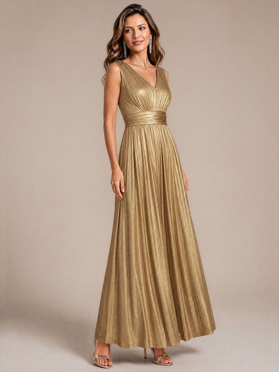 Maxilänge V-Ausschnitt Weiter Rock Aus Mesh Elegantes Abendkleid Mit Atemberaubendem Design #Farbe_Gold